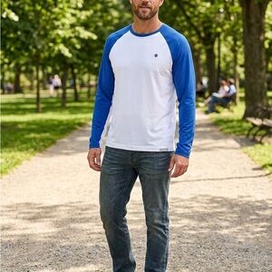 Coolibar Shirt Men’s White Body with Blue Raglan Long-Sleeve Tee Stretch